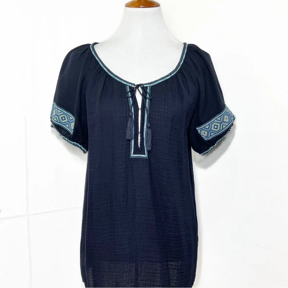 J. Crew Embroidered Tie Neck Navy Blue Short Sleeve Peasant Blouse